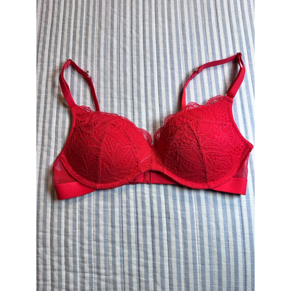 Lively Red Lace Balconette‎ Bra 34B Underwire Push Up Adjustable Straps